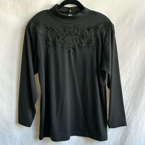 Eminent black beaded long sleeve top with removable padded shoulders, size L